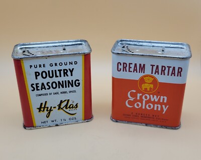 2 Vintage 1950s Slide Opening Spice *Empty* Tins~Crown Colony & Hy-Klas Brands 