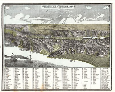 1891 Antique HOLY LAND Map Birds Eye View Holy Land Lithograph Wall Art  #1849