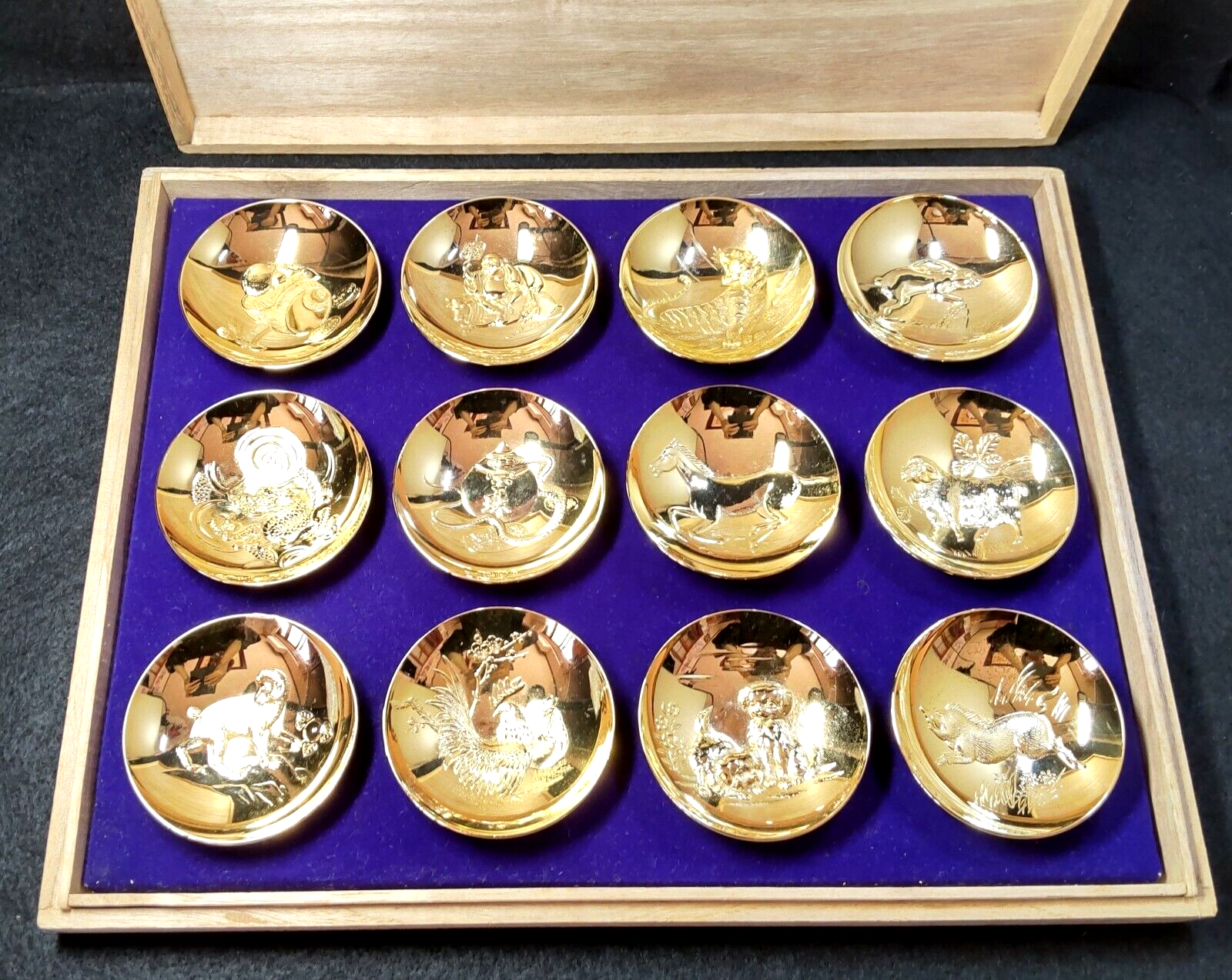 Vintage Japanese Sake Cup Sakazuki Zodiac 12 kinds Gold Plated 24K