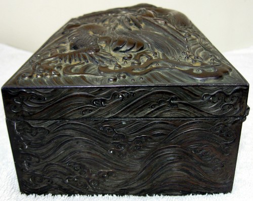 Large Heavy Signed Antique Japanese Metal Box Depicting A Dragon In High Relief