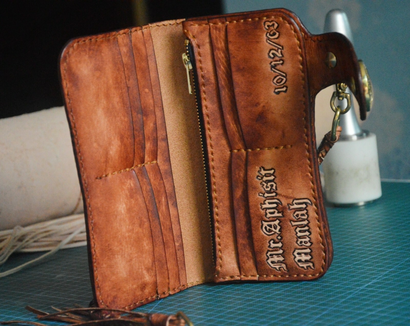Pre-owned Handmade Custom Leather Biker Wallet Chain Robot Carved Wallet Personalized Gift X35 In Brown