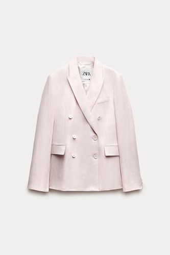 Pre-owned Zara Women Set Double Breasted Blazer + Straight Cut Pants Pink 2406/235+2405/23