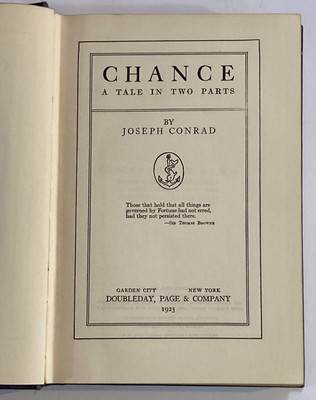Chance A Tale In Two Parts by Joseph Conrad 1923 Hardcover Book