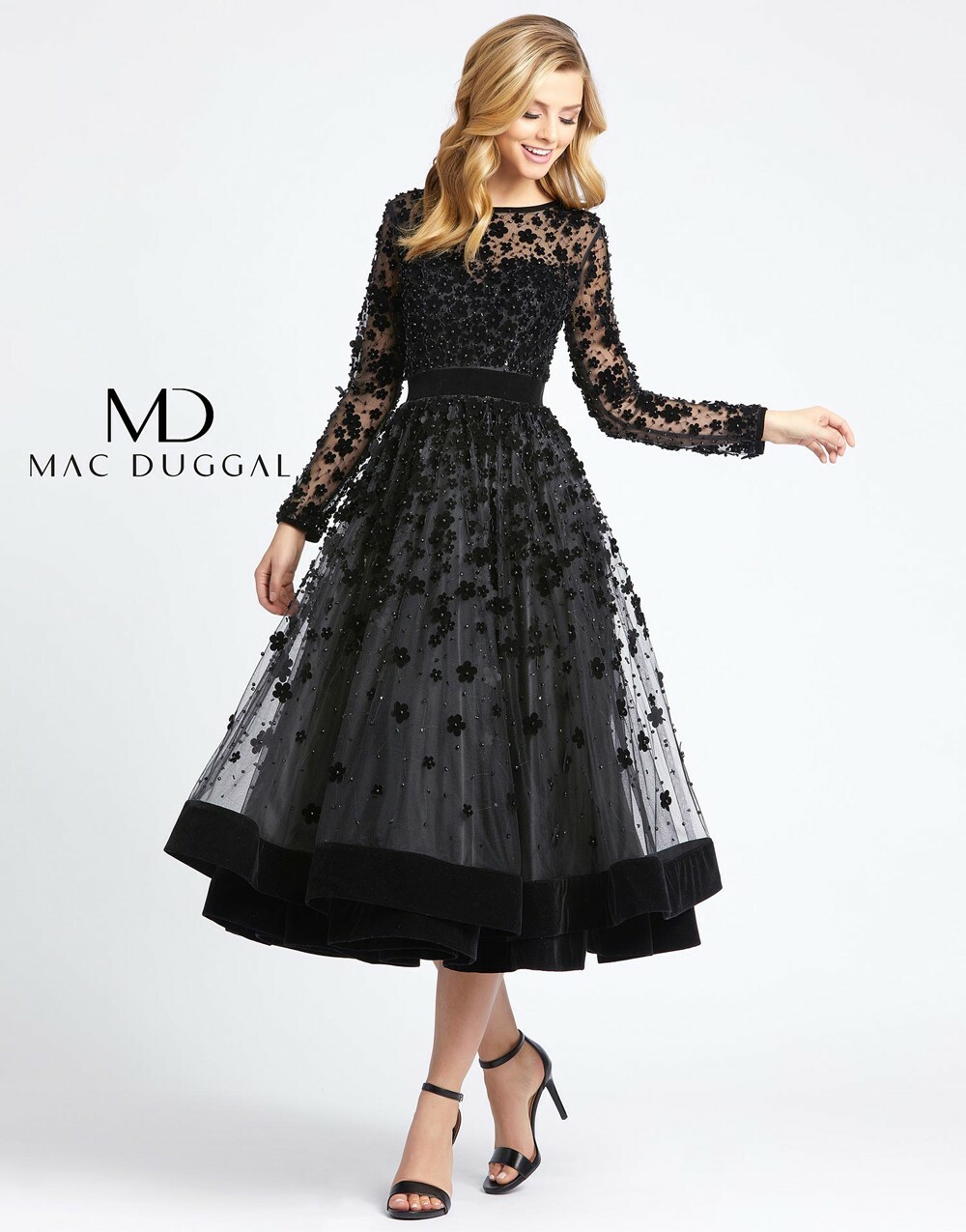 MAC DUGGAL Vネック美バックスタイルロングドレス ブラック T-KNOT Long sleeved gathered V-neck top with chintz finish