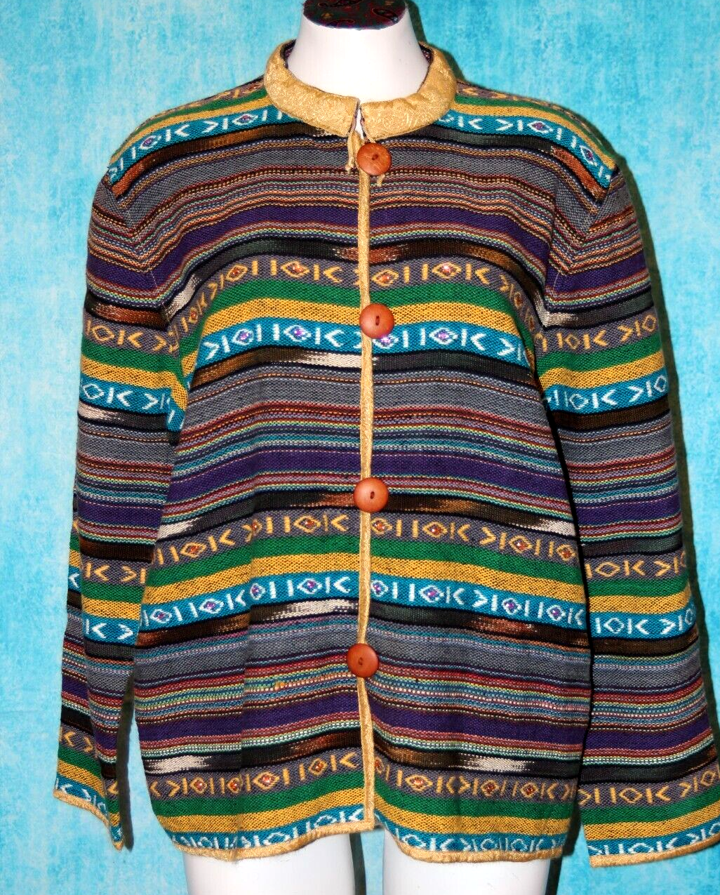 Vintage 90s Flashback Aztec Tapestry Jacket Woven Southwestern Cotton Size L