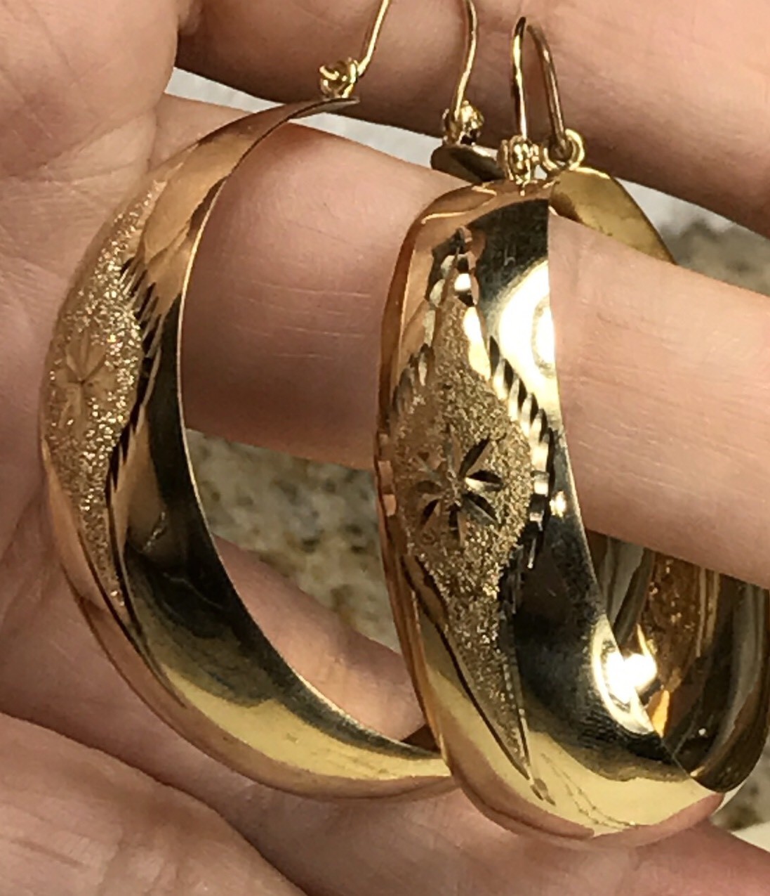 Pre-owned Handmade Gold 14k Hoop Earring Solid Thick Wide Round Diamond Cut 52x42mm 2” Big Large In Yellow