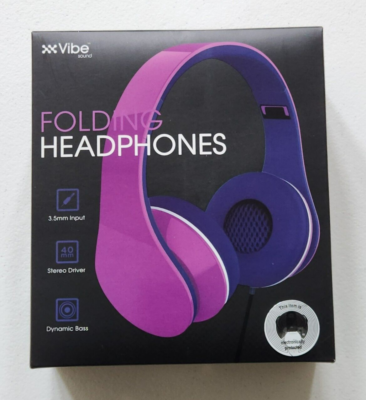 VIBE PURPLE FOLDING HEADPHONES 3.5MM INPUT STEREO DRIVER DYNAMIC