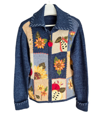 Vtg Embroidered Sunflower Apples Zip Cardigan Women L* Blue Autumn Cottage Boho