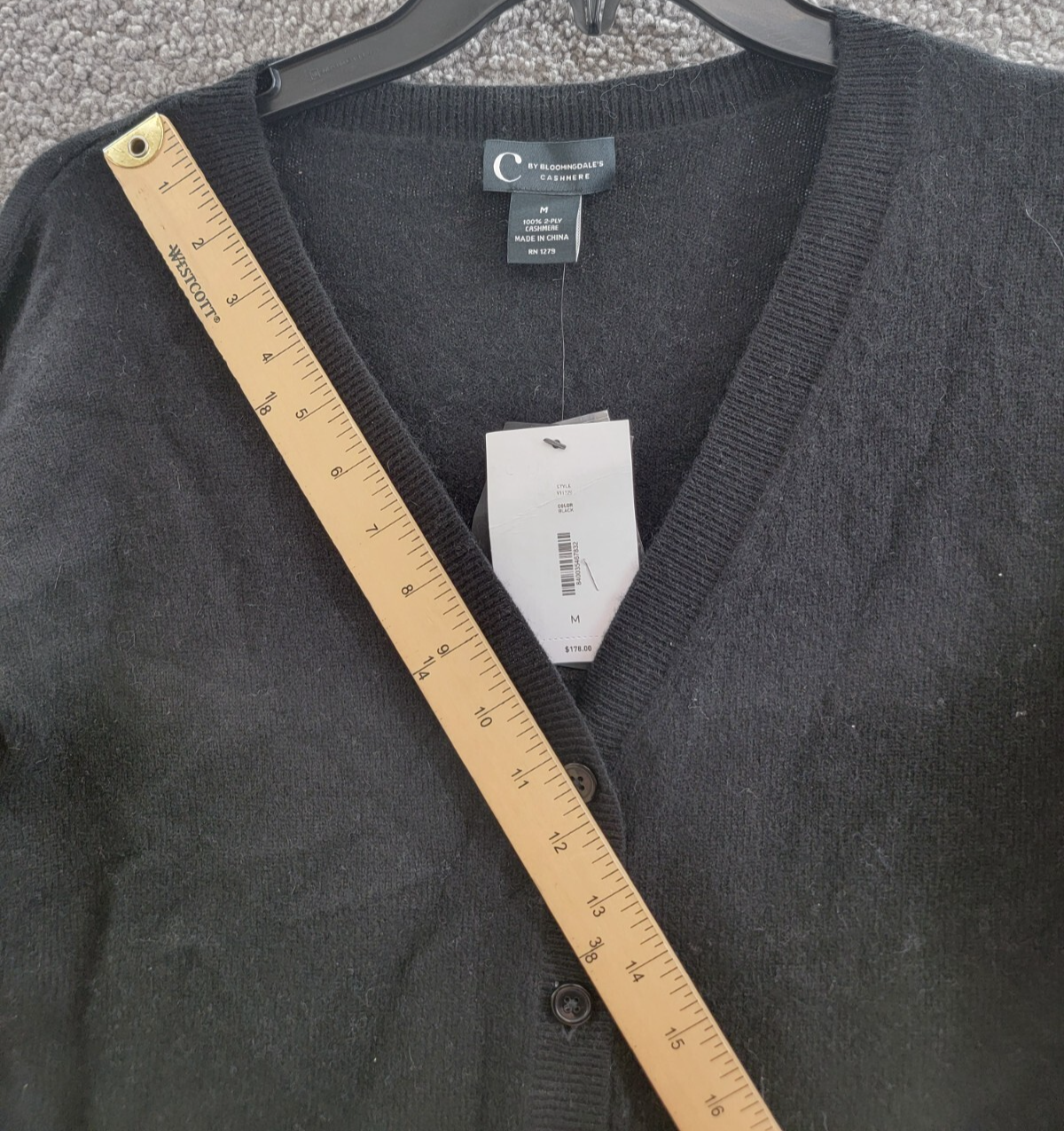 C by Bloomingdale's Cashmere V-Neck Cardigan Women's M Black Solid Long Sleeve - Picture 6 of 19