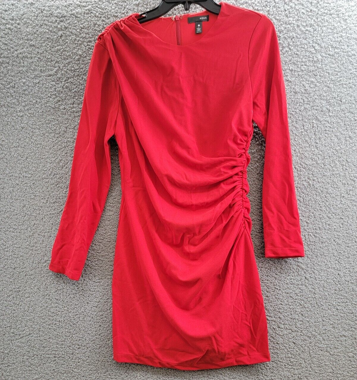 AQUA Draped Long Sleeve Mini Sheath Dress Women's L Red Solid Back Zip Closure - Picture 2 of 16