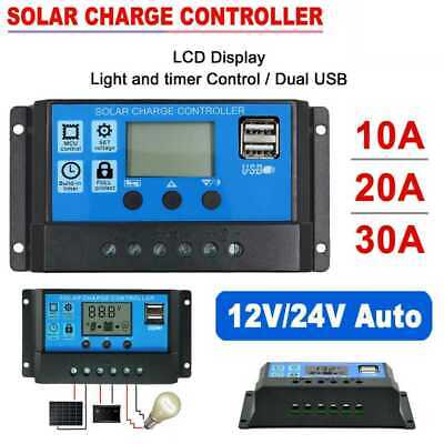 Solar Panel Battery Charge 30A 20A 10A Controller 12V/24V LCD Regulator Dual USB
