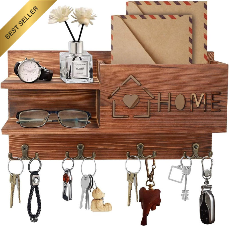 Wooden Wall Mounted Mail and Key Holder Organizer with 4 Double Hooks for Entryw