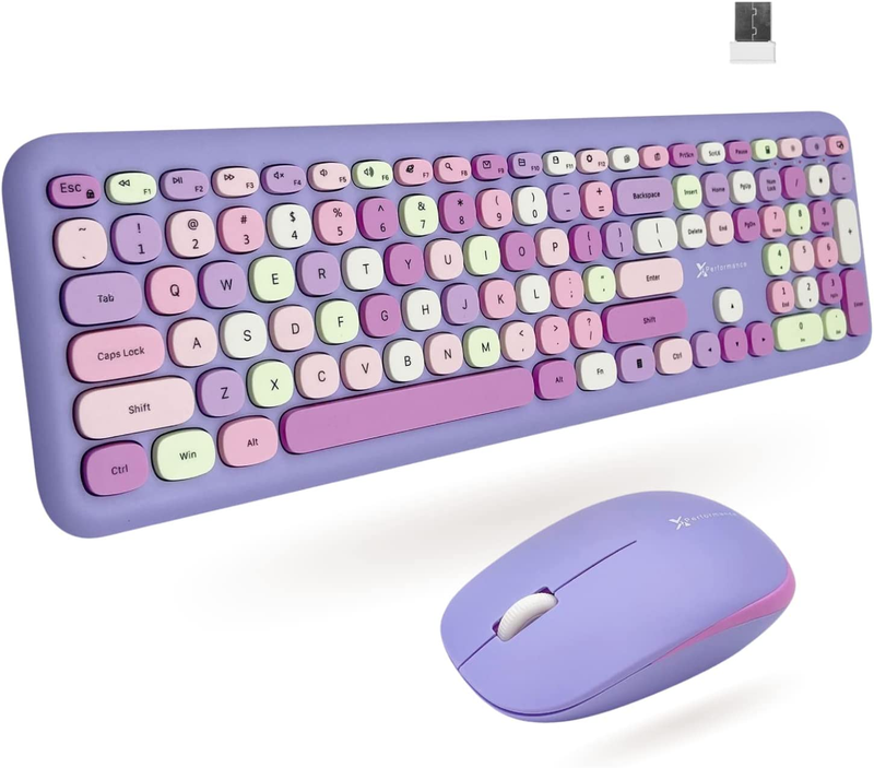 Colorful Keyboard and Mouse Combo - 2.4G Wireless Aesthetic Purple Keyboard - Tr