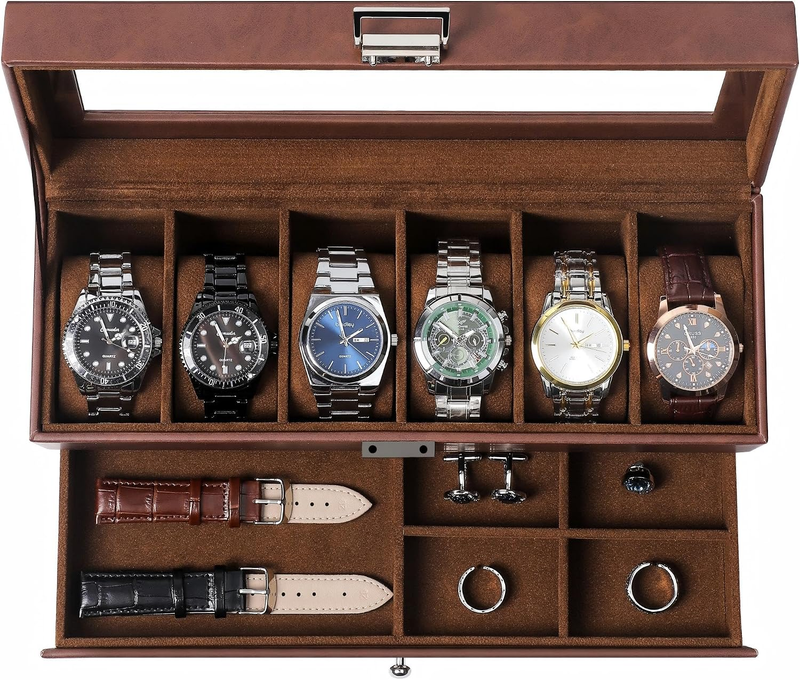 Watch Box Men Glass Lid Valet Drawer Leather Watch Case Jewelry Cufflink Storage
