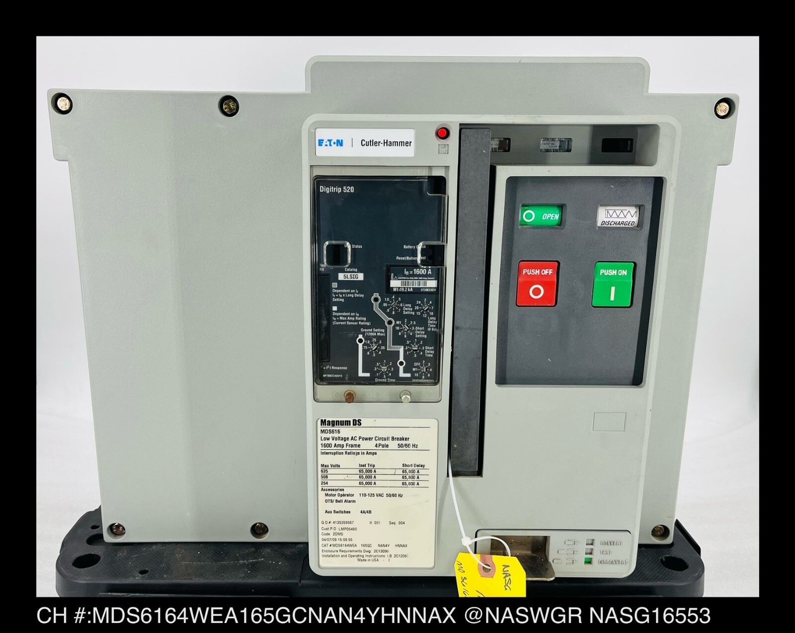 Eaton Magnum DS MDS616 Breaker (E/O,D/O) ~ 1600 Amp -Tested