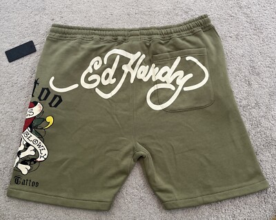 Ed Hardy Shorts Mens XXL Punk Y2K Skull Heart Doubled Sided Spell Out Green 2XL