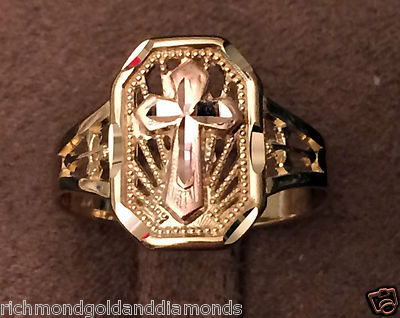 Pre-owned Fashion Ring 14k Rose & Yellow Gold Cross Ring Band Right Hand Promise  In Pink