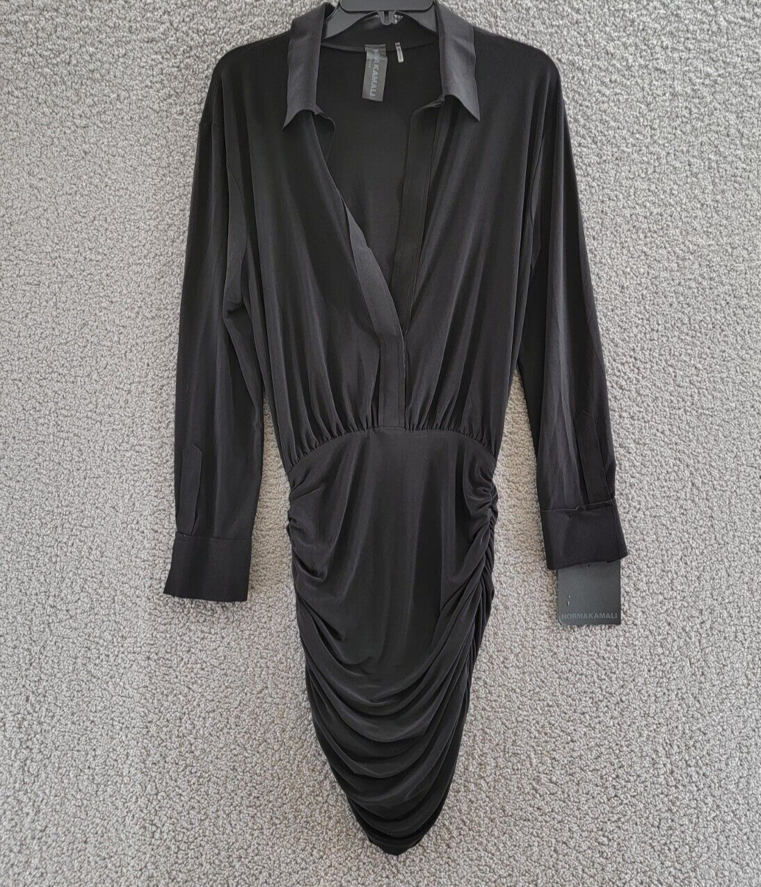 Norma Kamali Shirred Mini Shirt Dress Women's XS/34 Black Collared Pullover L/S - Picture 2 of 16