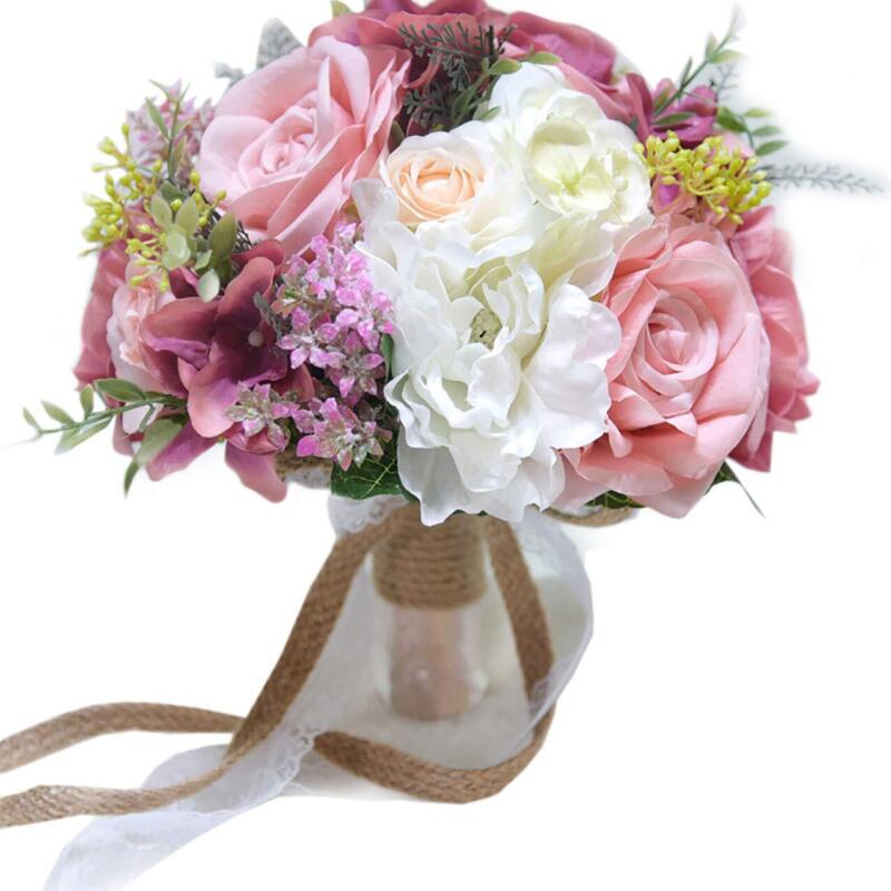 Bridal Holding Wedding Bouquet Real-Looking Mixed Flowers Ivory Greeneryet