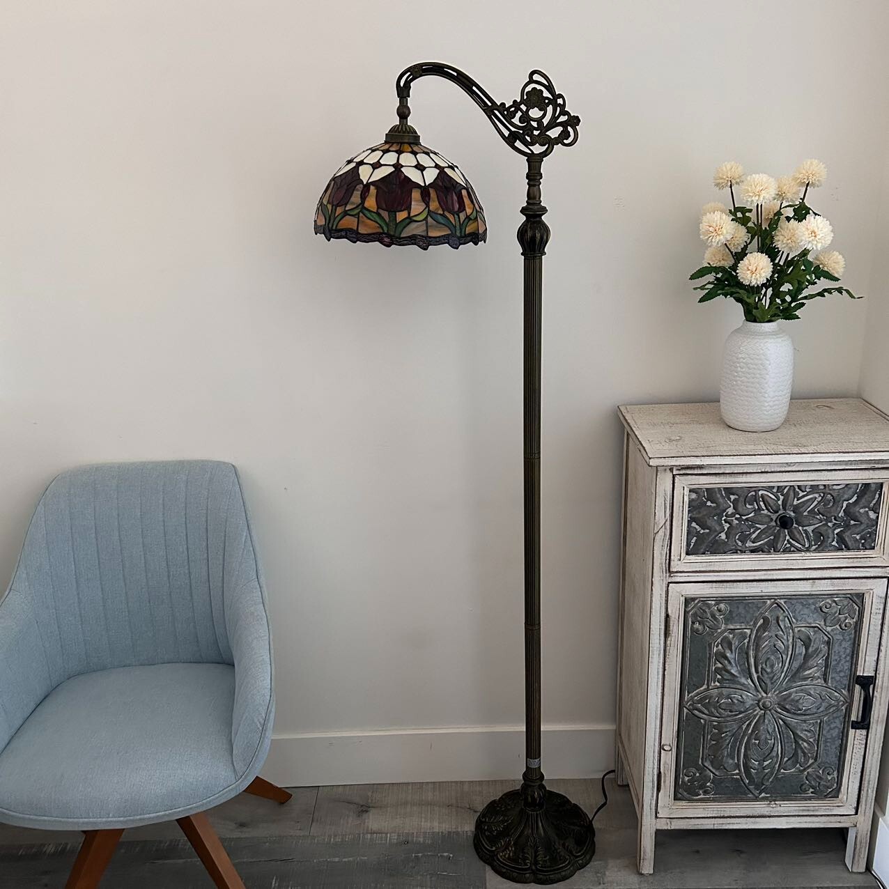 Tiffany Style Floor Lamp Stained Glass Red Tulips Gooseneck Adjustable LED Bulb