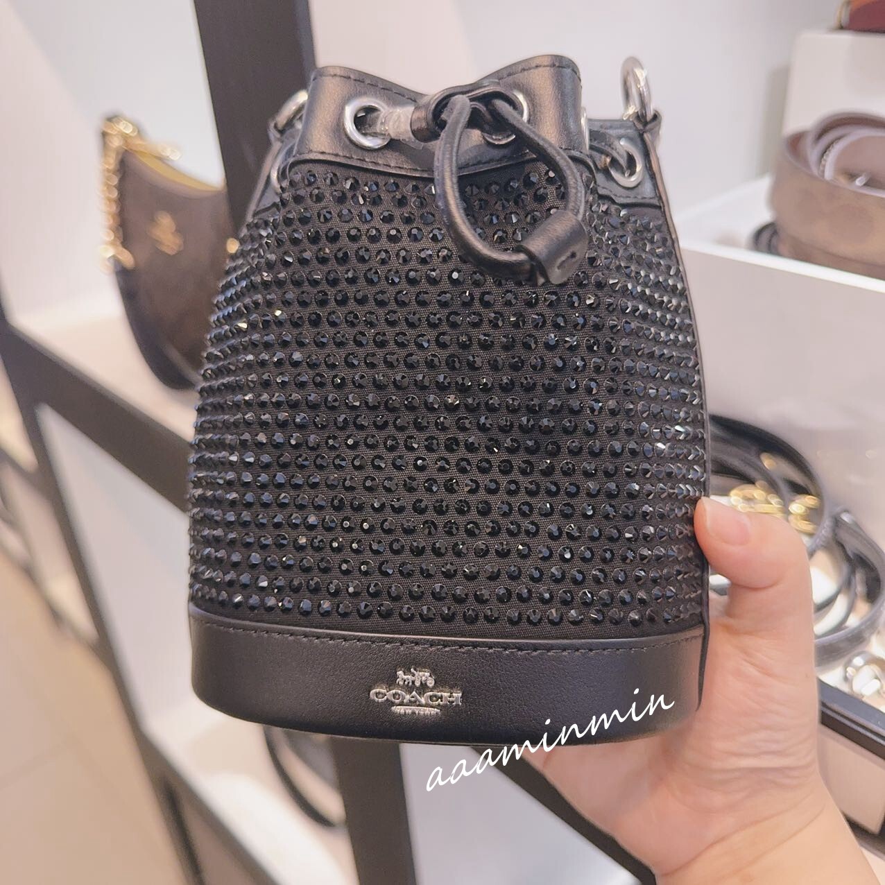 🔥NWT COACH Mini Bucket Bag Crystal Fabric and Smooth