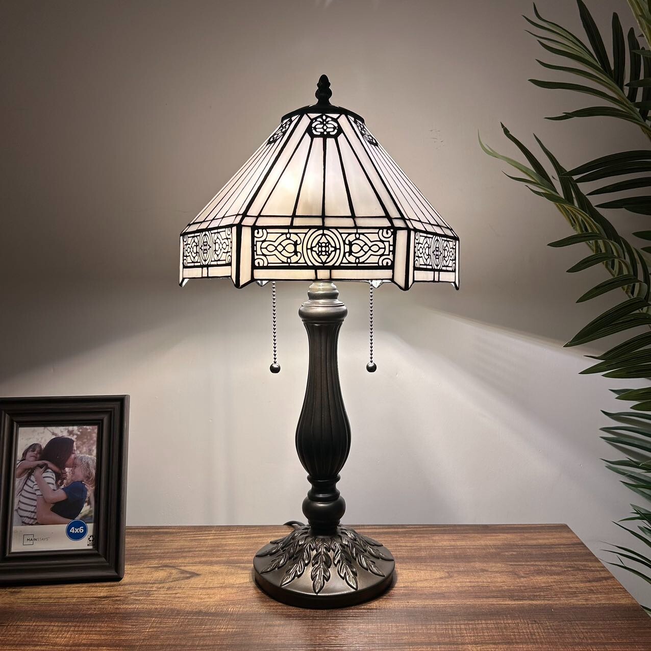 【美品】Tiffany Hexagon Design  テーブルランプ Tiffany Style Table Lamp White Stained Glass Hexagon LED
