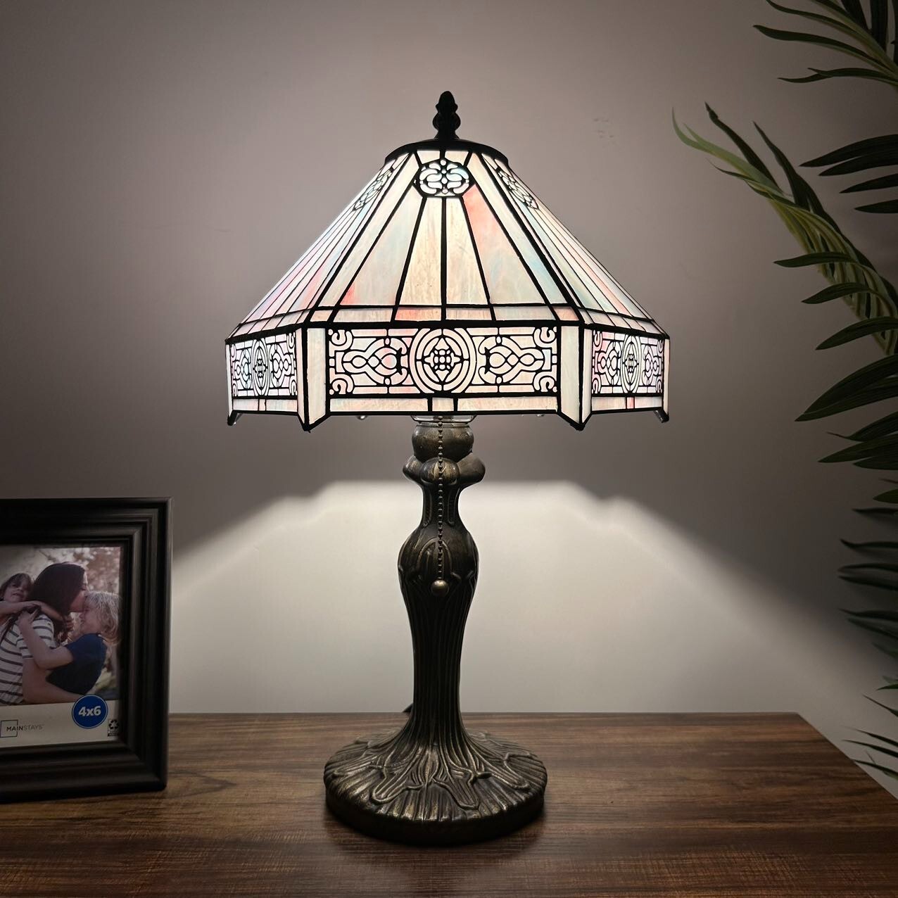 【美品】Tiffany Hexagon Design  テーブルランプ Tiffany Style Table Lamp White Stained Glass Hexagon