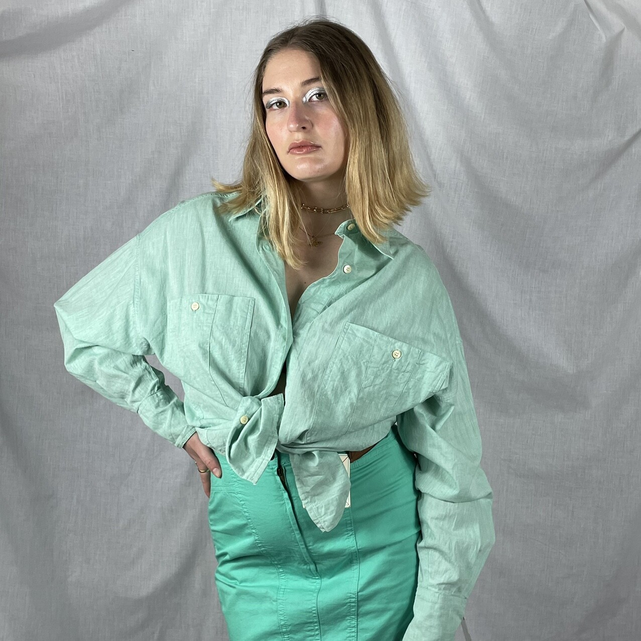 Fendi blue / pastel mint green button up shirt 90s new adult