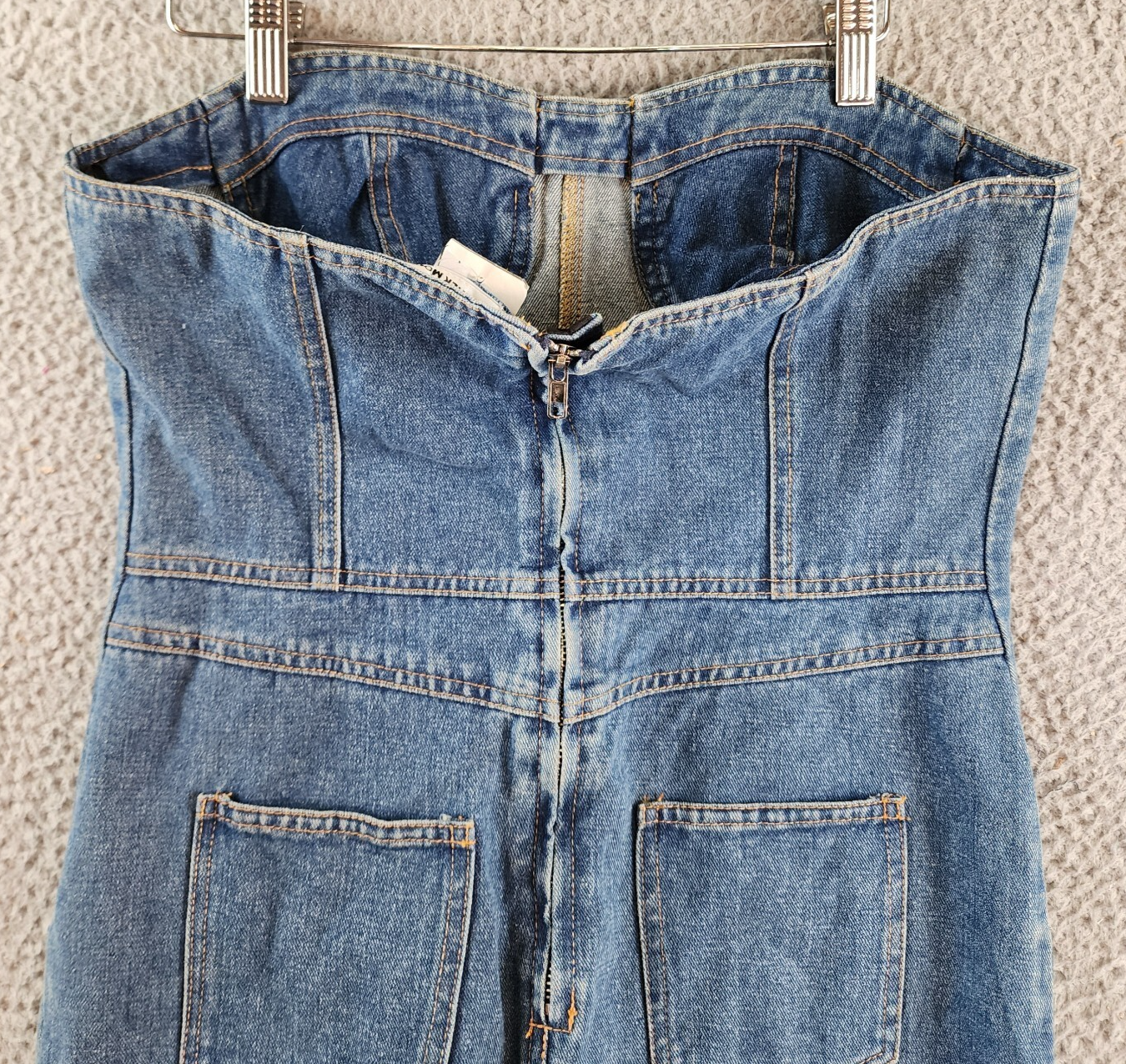 Another Mode Denim Mini Dress Women's L Blue Two Side Slant Pocket Strapless - Picture 12 of 12