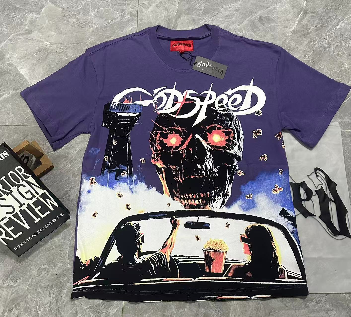 Godspeed スカルデザイン Tシャツ NEW Godspeed the sky Big Skull Head printing Tee Mens Cotton