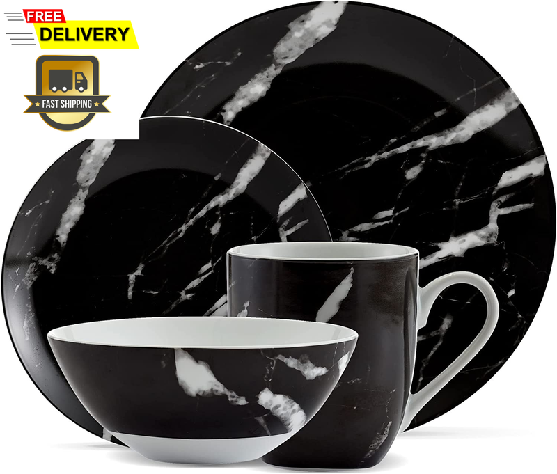 & Co. - Black Marble Plates and Bowls Sets Modern Dinnerware Set Kitchen Dinne..