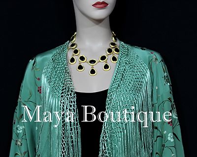 Pre-owned Maya Matazaro Embroidered Silk Fringe Jacket Kimono Tiffany Green Hand Dyed  Usa