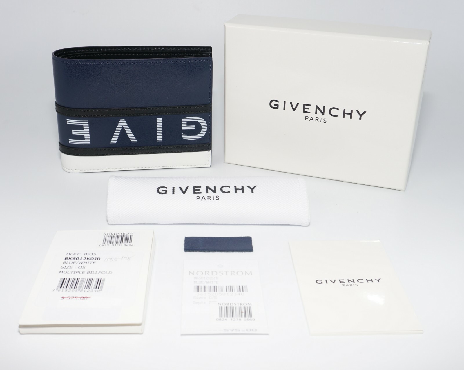 Pre-owned Givenchy Men's Reverse Logo Leather Billfold Wallet, Blue/black/white, Msrp $575