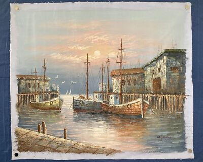 【中古】M▽W.JONES 油絵 漁港 船 海 港 (37866) W.Jones 油絵 油彩画 船 漁港! 中古】M▽W.JONES 油絵 漁港 船 海