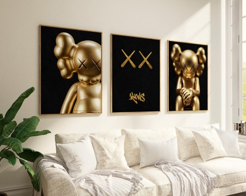 Set of 3 Gold Kaws Art pieces canvas wall home decor Portrait Gallery