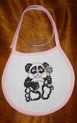 New Panda Bear Rattle baby bib, Girl Finished Cross Stitch Pin...