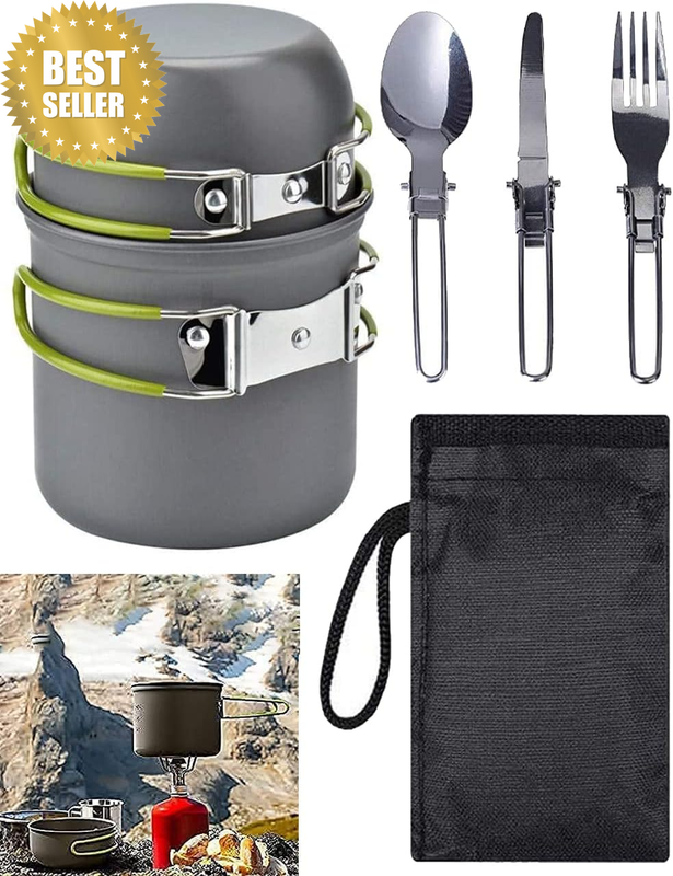 5 PCS Camping Cookware Outdoor Set with Fork Spoon, Camping Cookware Kit, Portab