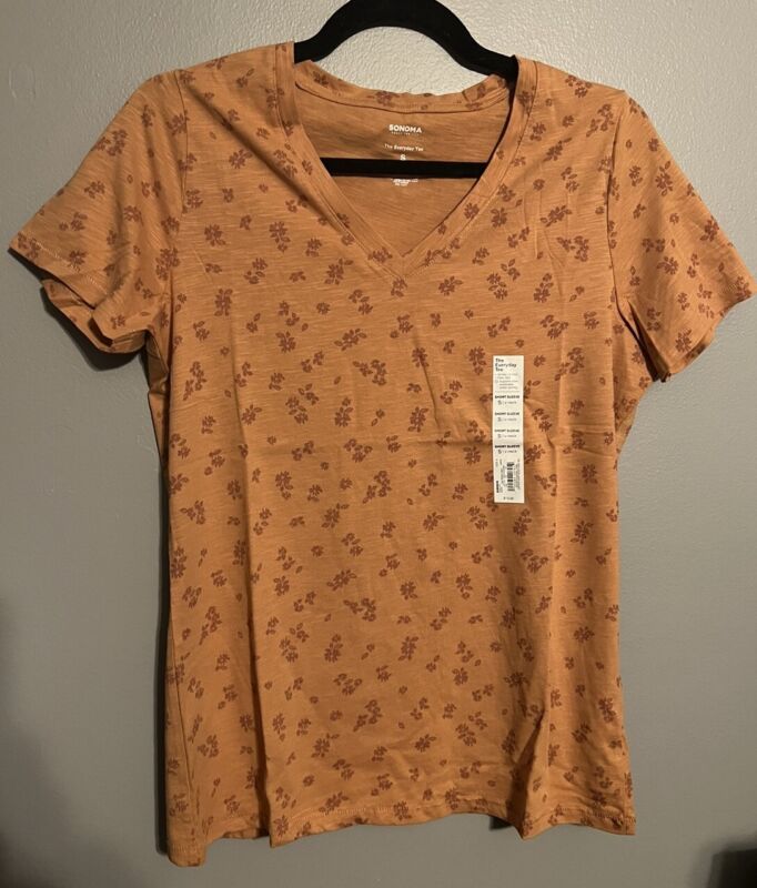 Sonoma Women’s T-shirt The Everyday Tee Small V-neck Floral Basic Cotton Orange