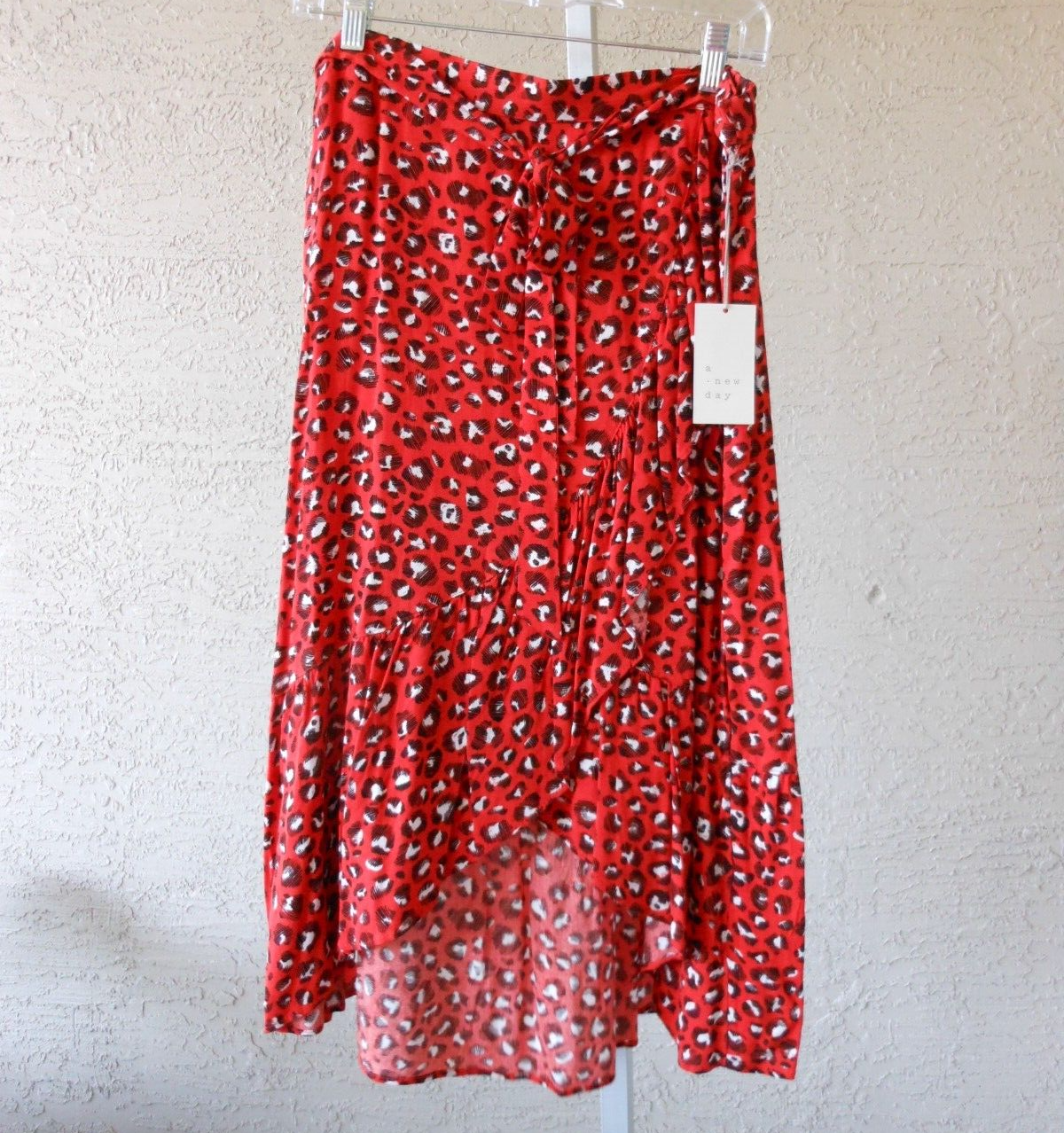A New Day High Low Midi Leopard Print Skirt Size L Flowing Ruffle
