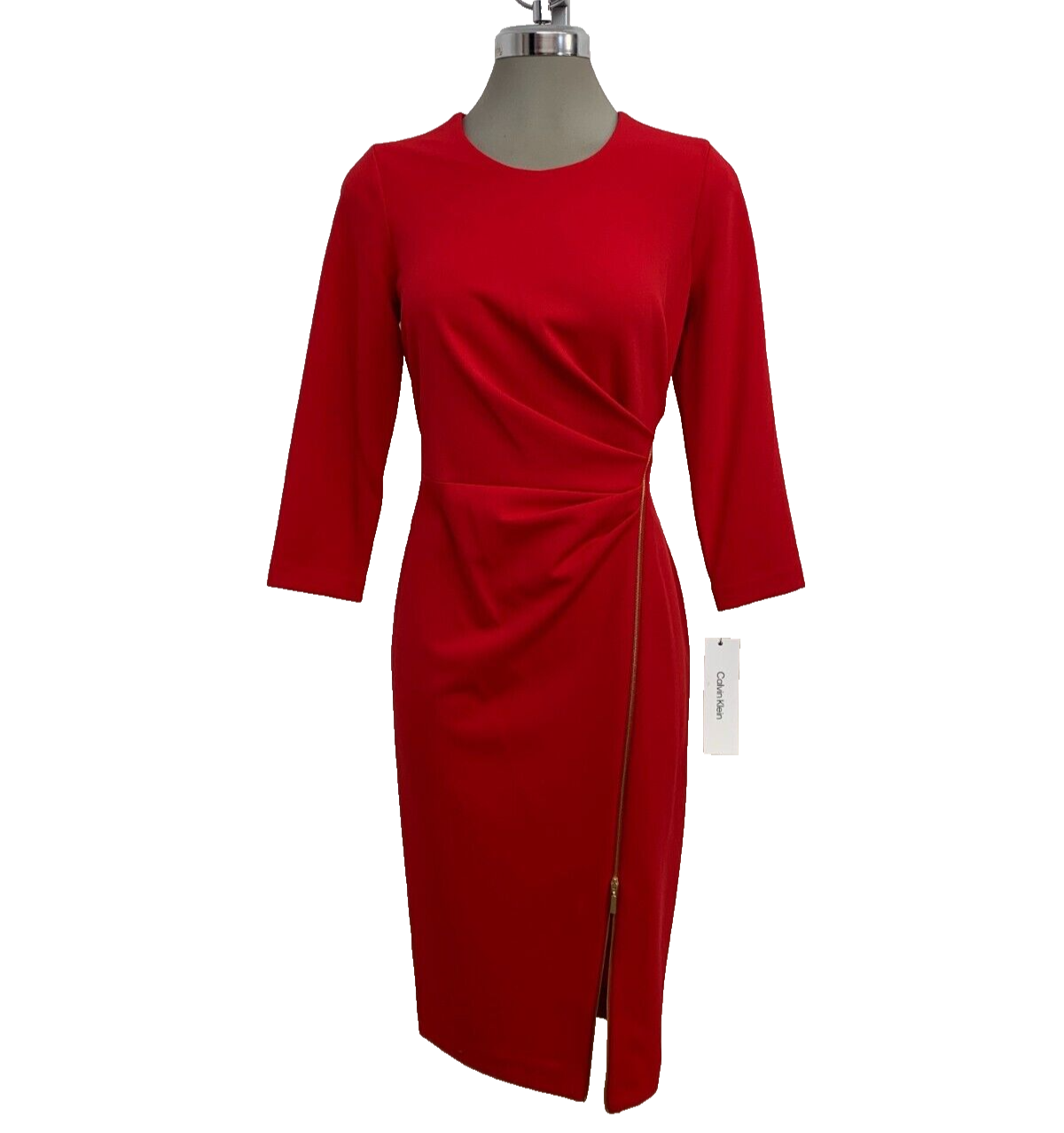 New Size 10 Calvin Klein Elegant Women Red Crepe Sheath Dress Front Zip Pleated