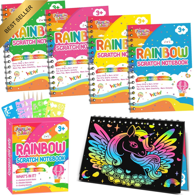 Birthday Party Favors: 4 Pack Rainbow Scratch Notebook Bulk Party Favors for Kid