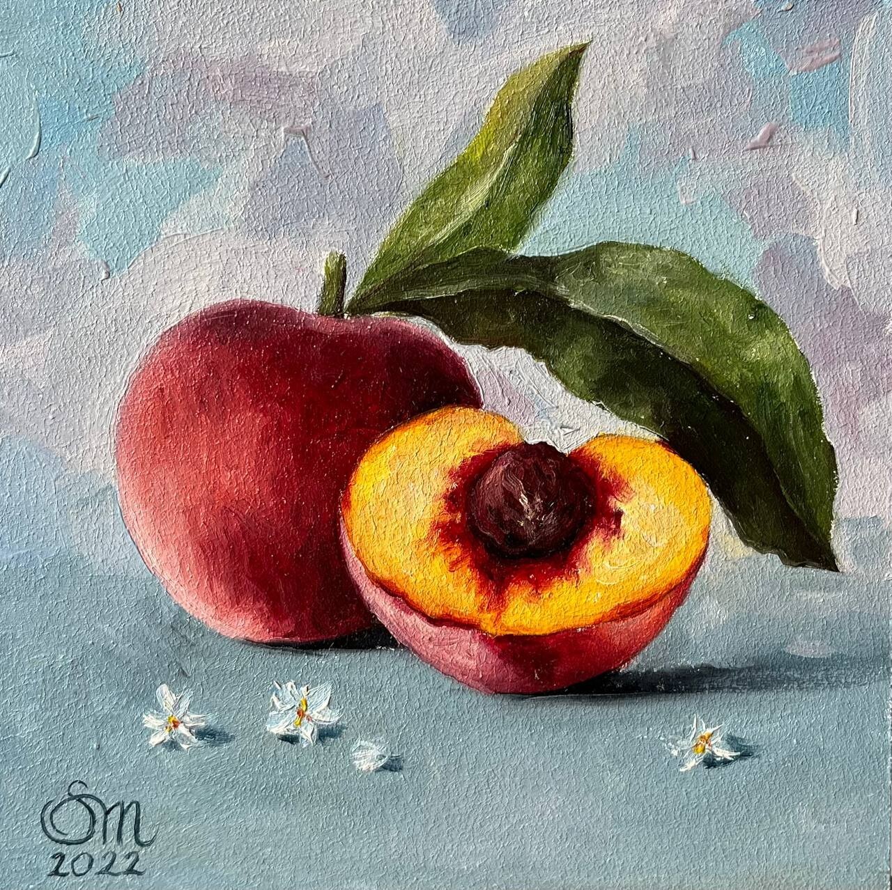 絵画 Oil painting  15x15 Oil painting original 6x6 in (15x15 cm) Peach Still life | eBay
