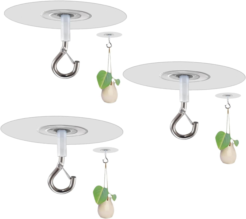 3Pcs Silver Adhesive Ceiling Hook-Weight-Bearing Stick-On Ceiling Hooks,Sticky C