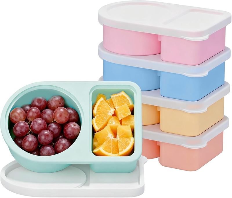 Snack Container, 5 Pack, Silicone Food Storage Containers with 2 Compartments, A
