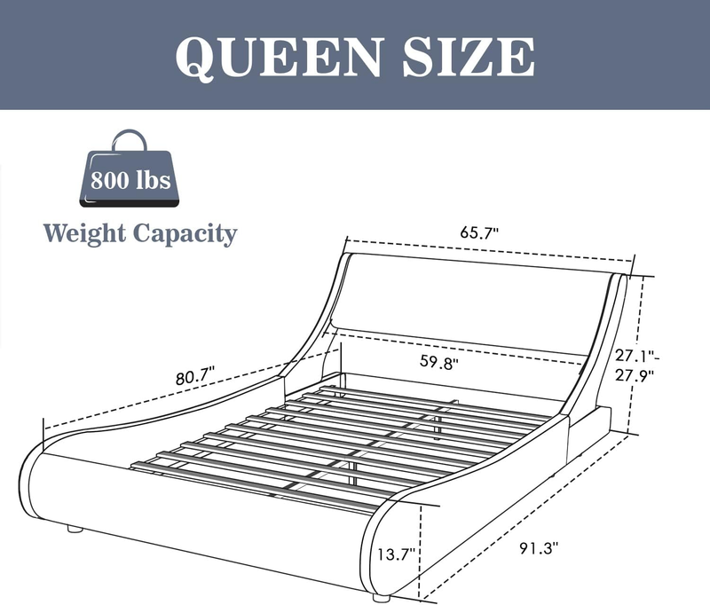 Upholstered Queen Size Platform Bed Frame Modern Low Profile Sleigh Bed with Fau