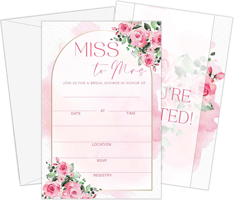 Pink Roses Bridal Shower Invitations, Pink Floral Arched Spring Bridal Shower In