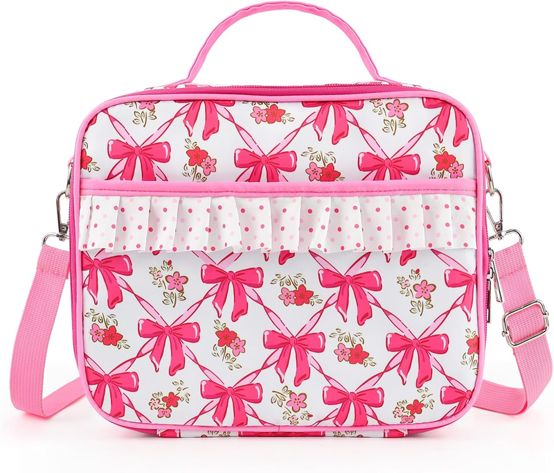 Pink Bow Kids Lunch Bag, Ruffled Polka Dot Lunch Box Gifts for Girls Women