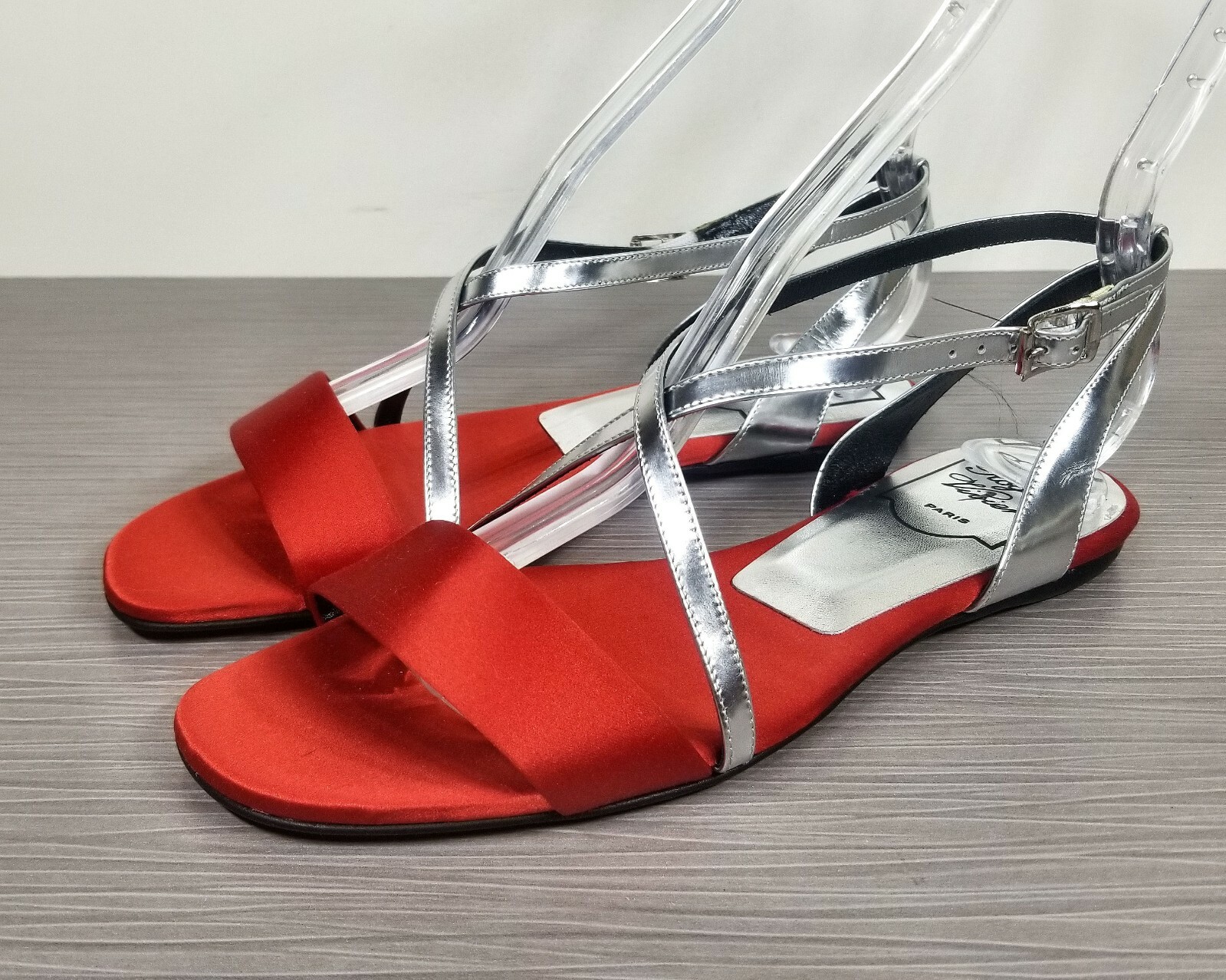 Roger Vivier Strappy Flat Sandals, Red Satin Silver Straps, Womens Size 6 / 36