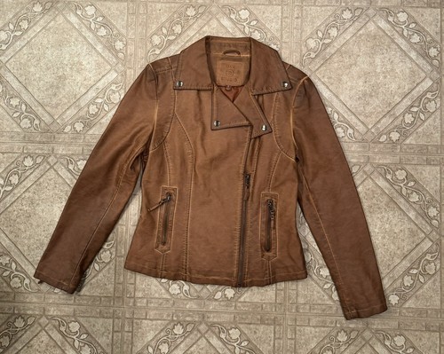 Max Studio Faux Leather Jacket Womens S Brown Moto Zipper 1