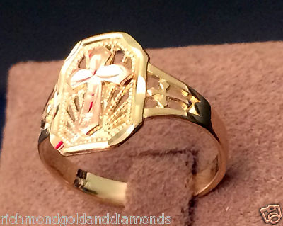 Pre-owned Fashion Ring 14k Rose & Yellow Gold Cross Ring Band Right Hand Promise  In Pink